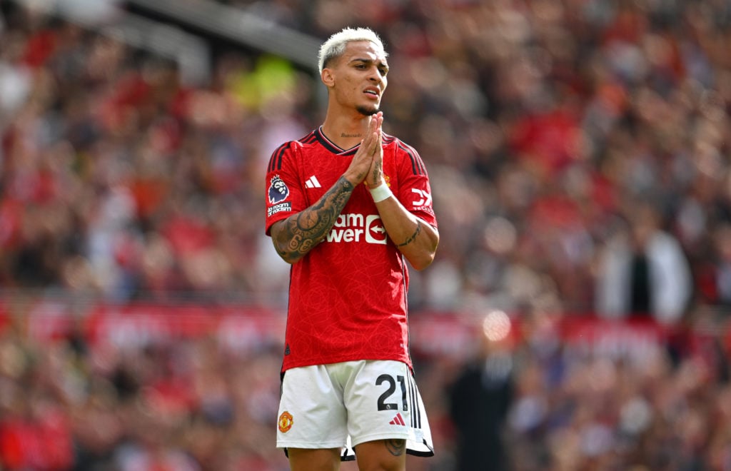 Manchester United player Antony reacts during the Premier League match between Manchester United and Nottingham Forest at Old Trafford on August 26...