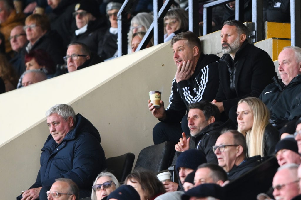 Steve Bruce (left), Karl Robinson, manager of Salford City (center), and Ryan Giggs of Salford City (right) are attending the Sky Bet League 2 matc...