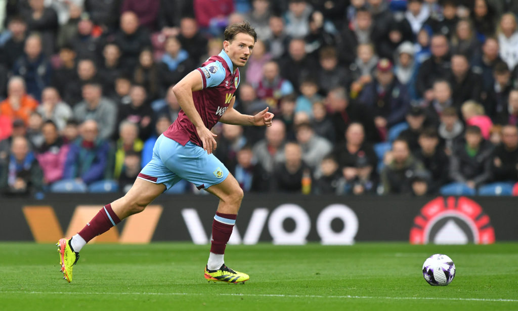 Burnley's Sander Berge during the Premier League match between Burnley FC and Newcastle United at Turf Moor on May 4, 2024 in Burnley, England.