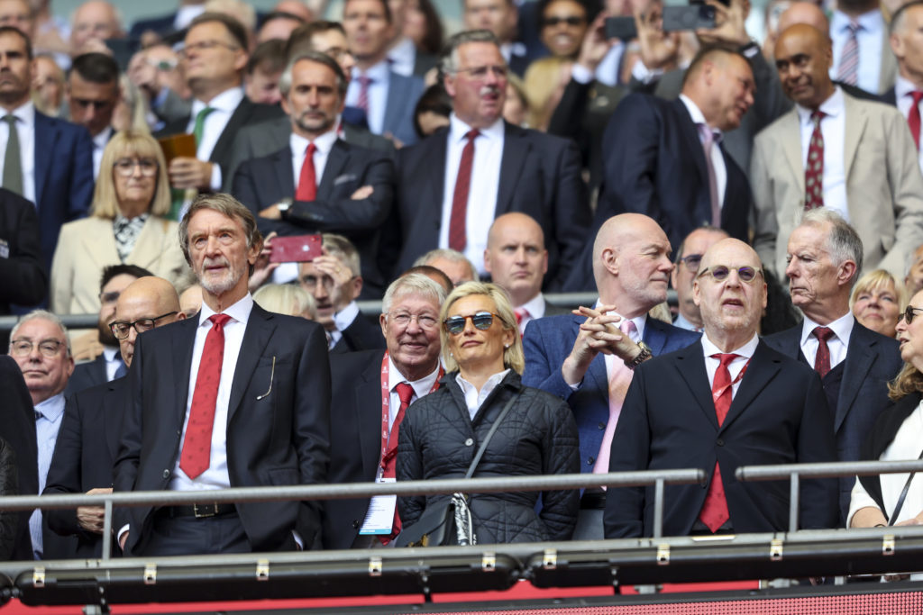 Sir Jim Ratcliffe, Sir Alex Ferguson and Avram Glazer of Manchester United before during the Emirates FA Cup Final match between Manchester City an...