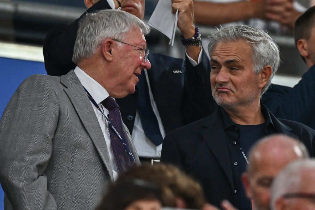 Alex Ferguson and Jose Mourinho watching together the UEFA EURO 2024 group stage match between Germany and Scotland at Munich Football Arena on Jun...