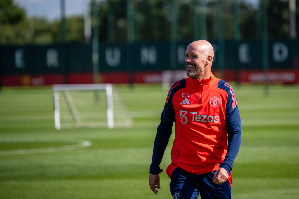 (EXCLUSIVE COVERAGE) Manager Erik ten Hag of Manchester United in action during a first team training session at Carrington Training Ground on Jul...