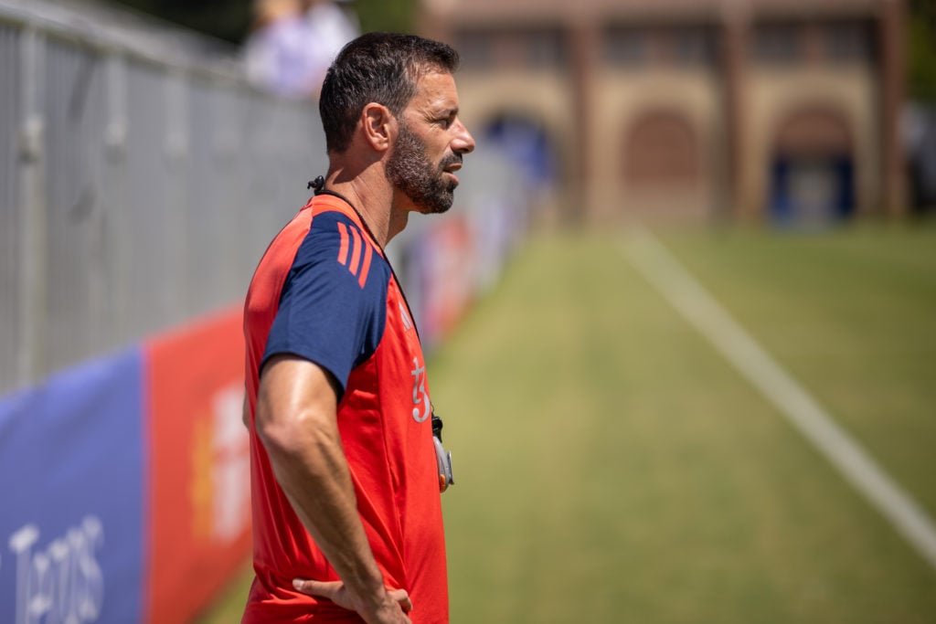 (EXCLUSIVE COVERAGE) Assistant manager Ruud van Nistelrooy of Manchester United in action during a first team training session at UCLA Campus on Ju...