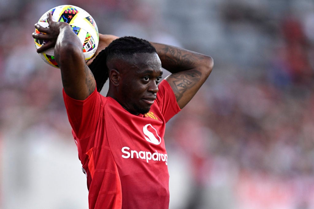 Aaron Wan-Bissaka #29 of Manchester United looks to throw the ball into play during the first half against Real Betis at Snapdragon Stadium on July...