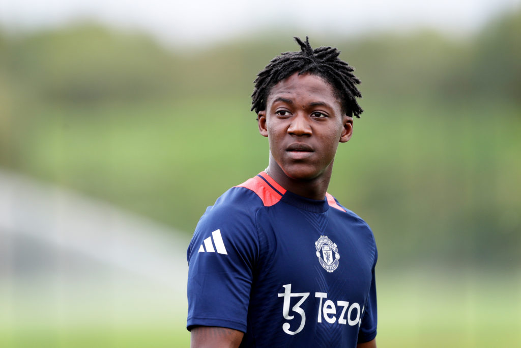 Kobbie Mainoo of Manchester United in action during a first team training session at Carrington Training Ground on August 05, 2024 in Manchester, E...