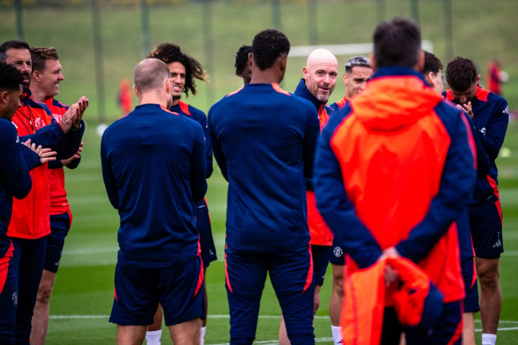 Assistant Manager Ruud van Nistelrooy, First Team Coach Darren Fletcher, Christian Eriksen, Hannibal Mejbri, Marcus Rashford, Manager Erik ten Hag,...