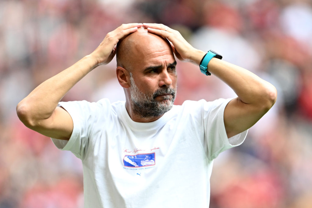 Pep Guardiola reacts during the 2024 FA Community Shield match between Manchester United and Manchester City at Wembley Stadium in 2024 in London, England.