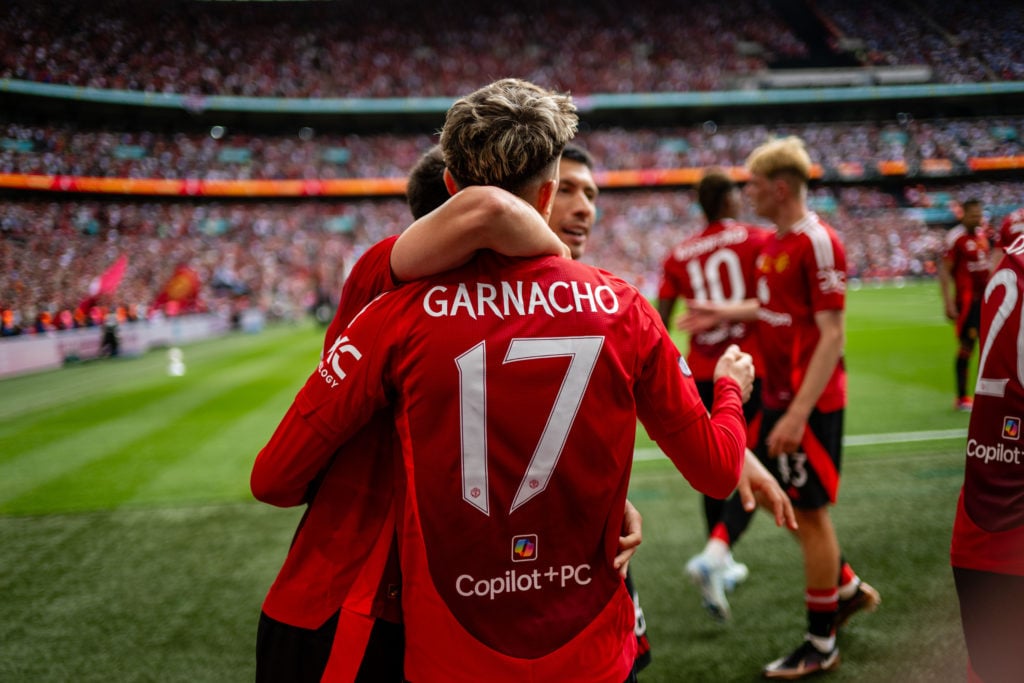 Alejandro Garnacho of Manchester United celebrates scoring their first goal during the 2024 FA Community Shield match between Manchester United and...