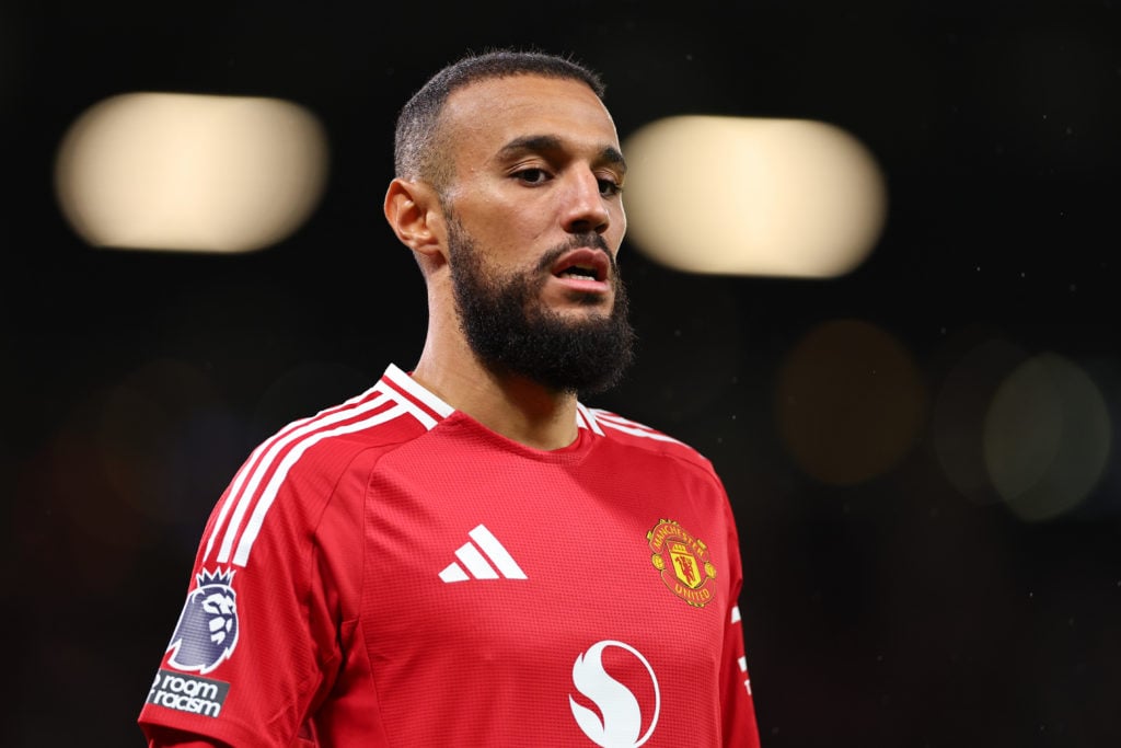 Noussair Mazraoui of Manchester United during the Premier League match between Manchester United FC and Fulham FC at Old Trafford on August 16, 202...