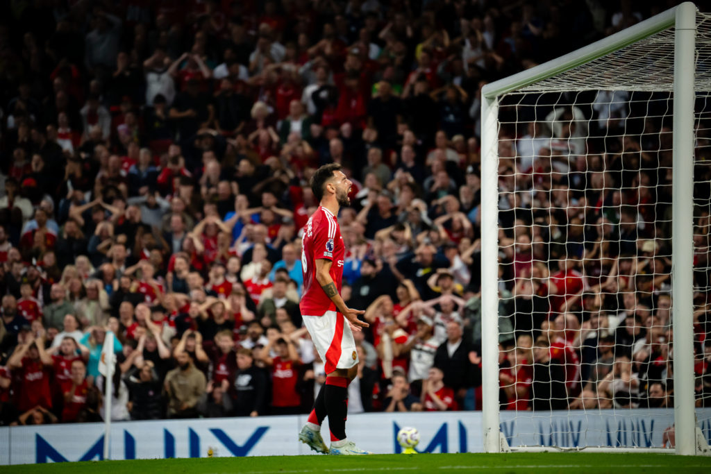 Bruno Fernandes of Manchester United reacts during the Premier League match between Manchester United FC and Fulham FC at Old Trafford on August 16...