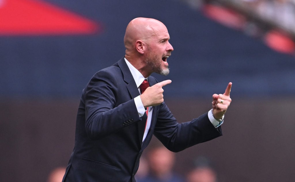 Erik ten Hag Head Coach of Manchester United gestures during the 2024 FA Community Shield match between Manchester United and Manchester City at We...