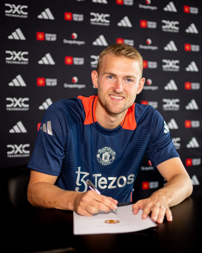 (EXCLUSIVE COVERAGE) Matthijs de Ligt of Manchester United poses after signing for the club at Carrington Training Ground on August 13, 2024 in Man...