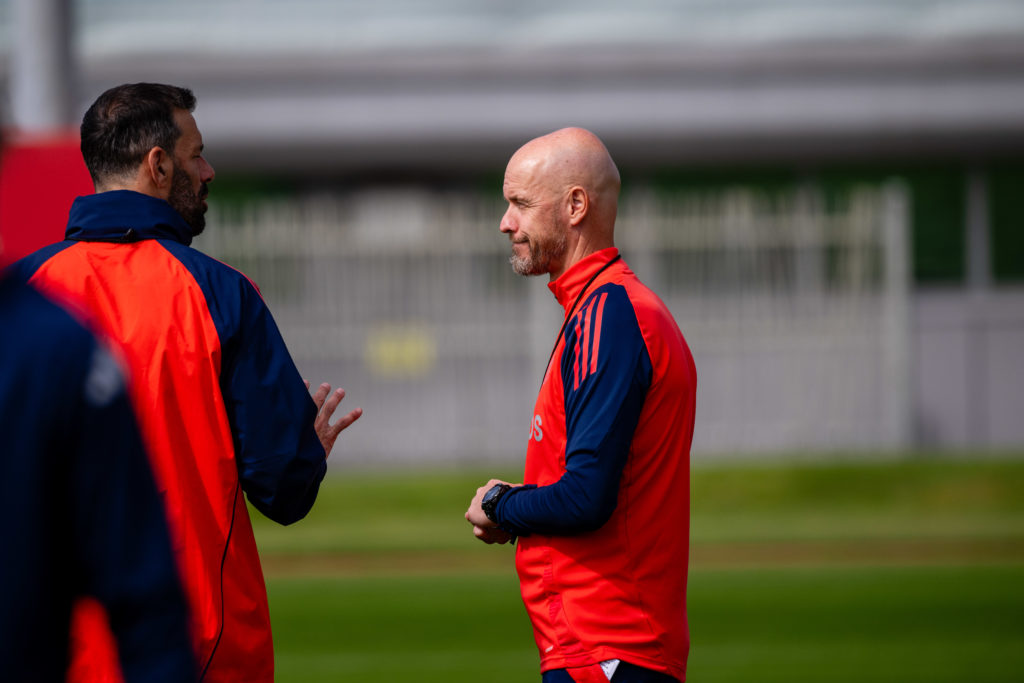 (EXCLUSIVE COVERAGE) Manager Erik ten Hag of Manchester United in action during a first team training session at Carrington Training Ground on Augu...