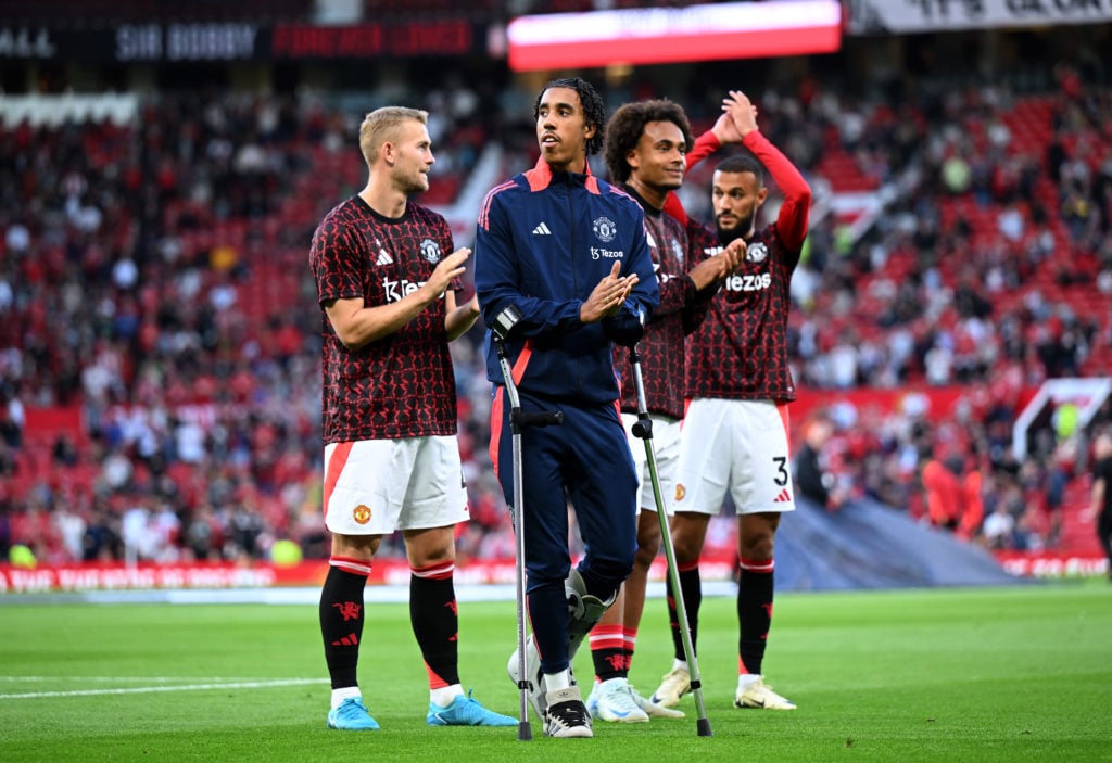 New Signings (L to R) Matthijs De Ligt, Leny Yoro ( using crutches due to a metatarsal injury ), Joshua Zirkzee and Noussair Mazraoui of Manchester...