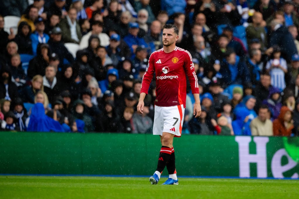 Mason Mount of Manchester United in action during the Premier League match between Brighton & Hove Albion FC and Manchester United FC at Amex S...