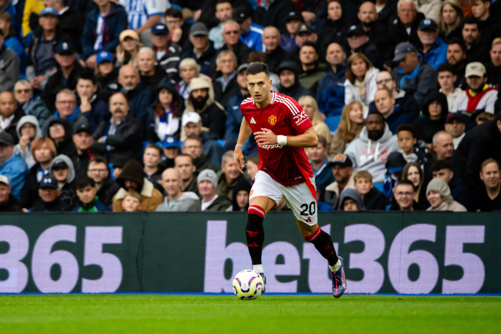 Diogo Dalot of Manchester United in action during the Premier League match between Brighton & Hove Albion FC and Manchester United FC at Amex S...