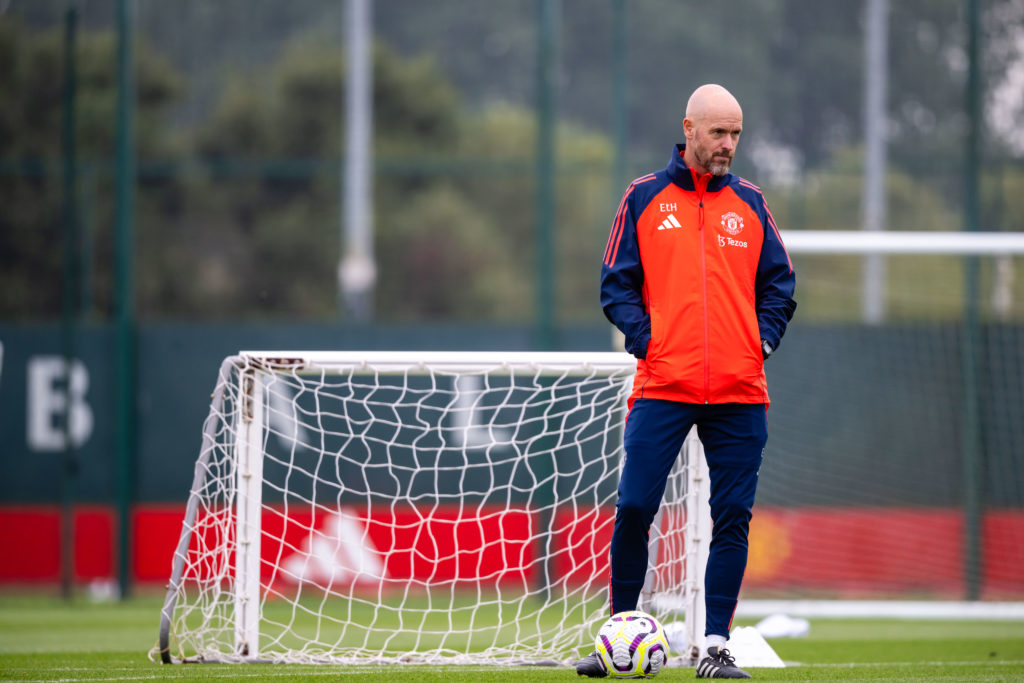 (EXCLUSIVE COVERAGE) Manager Erik ten Hag of Manchester United in action during a first team training session at Carrington Training Ground on Augu...