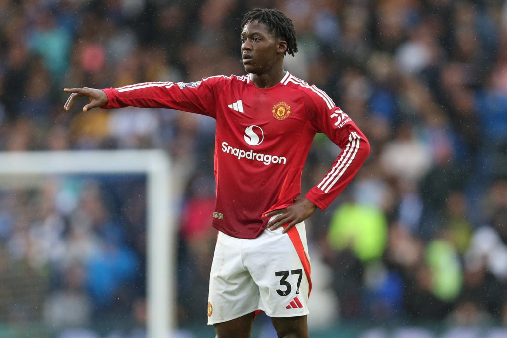 Kobbie Mainoo of Manchester United during the Premier League match between Brighton & Hove Albion FC and Manchester United FC at Amex Stadium o...