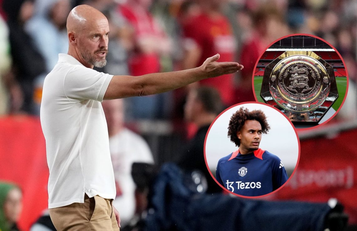 Collage of Erik ten Hag, Joshua Zirkzee and the Community Shield.