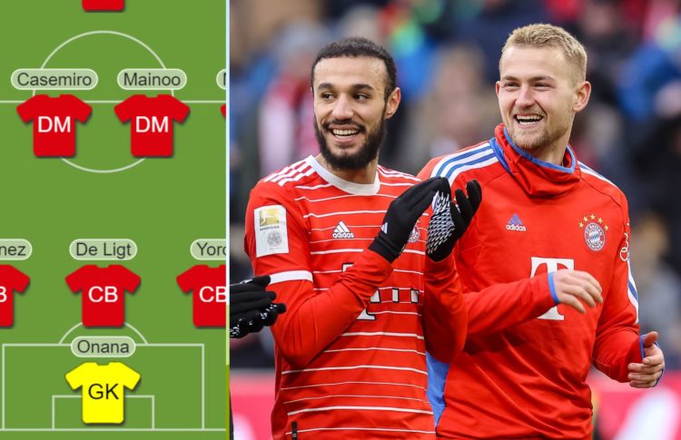Collage of De Ligt and Mazraoui and a United line up.