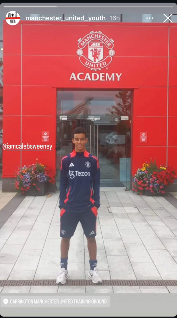 Caleb Sweeney outside Carrington training ground