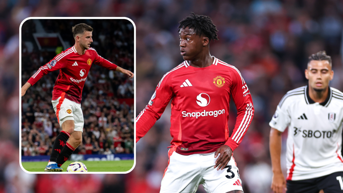 Kobbie Mainoo playing for Manchester United. Inset, Mason Mount in action