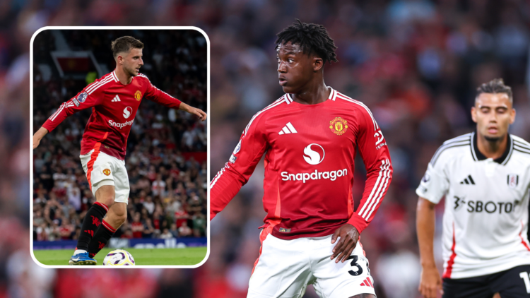 Kobbie Mainoo playing for Manchester United. Inset, Mason Mount in action