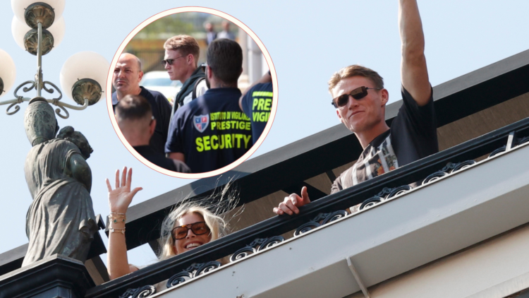 Scott McTominay and girlfriend wave to fans in Naples from balcony. Inset, McTominay given police escort