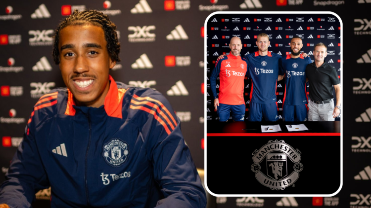 Leny Yoro signs contract. Inset, Erik ten Hag, Matthijs de Ligt, Noussair Mazraoui and Dan Ashworth pose at signing confirmation