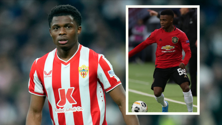 Largie Ramazani in 2024 playing for Almeria. Inset, Ramazani in 2019 playing for Manchester United