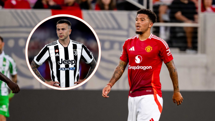 Jadon Sancho playing for Man Utd. Inset, Federico Bernardeschi in action for Juventus