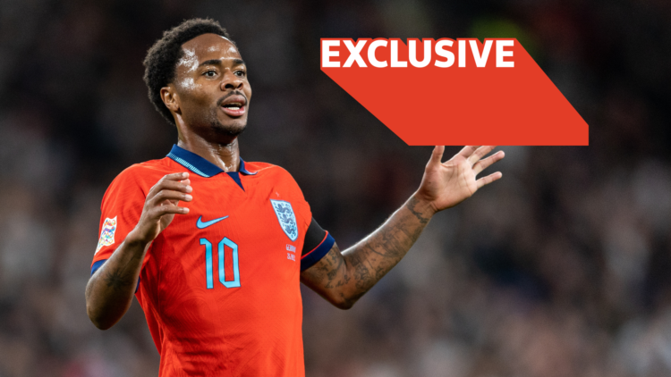 Raheem Sterling in red England shirt. with Exclusive tag