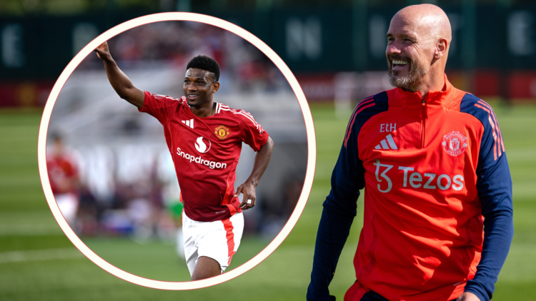 Erik ten Hag at Carrington. Inset, Amad celebrates
