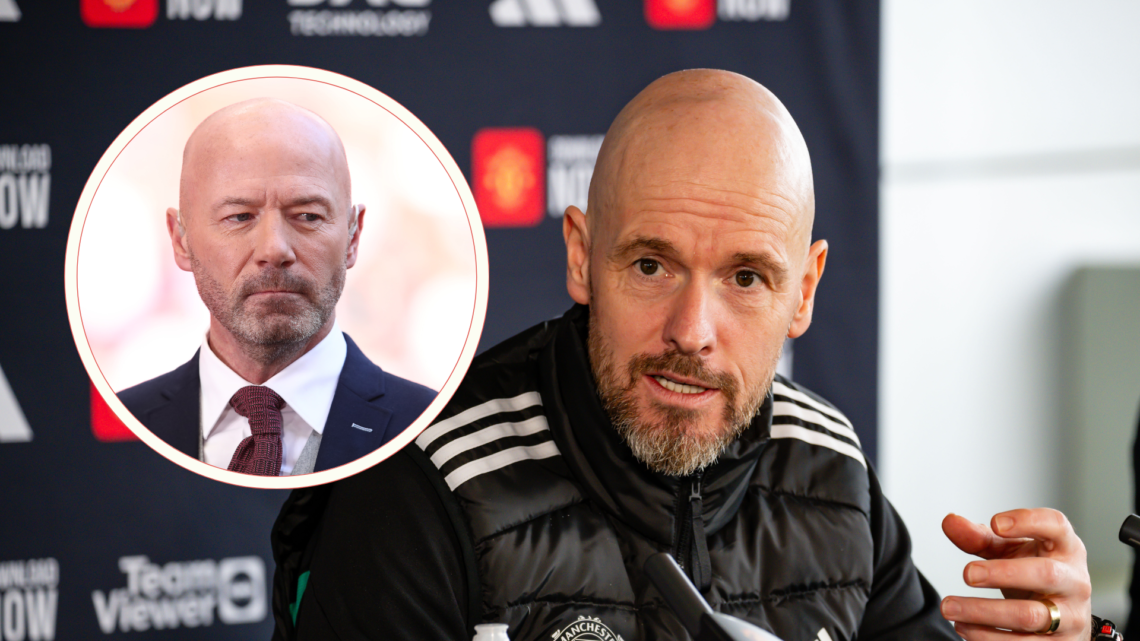 Erik ten hag speaks at press conference. inset, Alan Shearer wears a suit