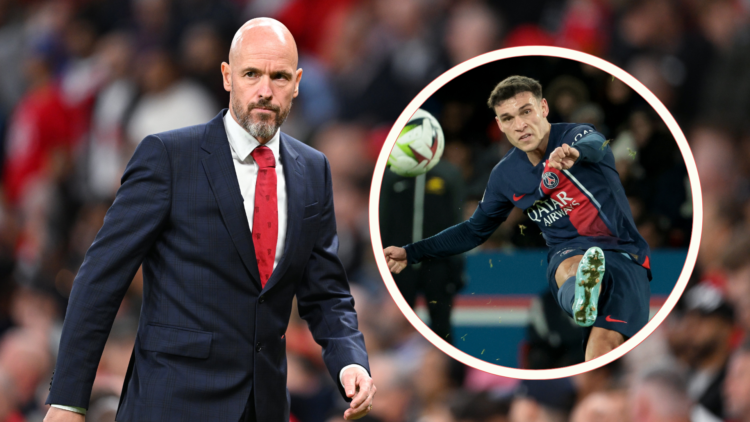 Erik ten Hag wearing a suit. Inset, Manuel Ugarte playing for PSG
