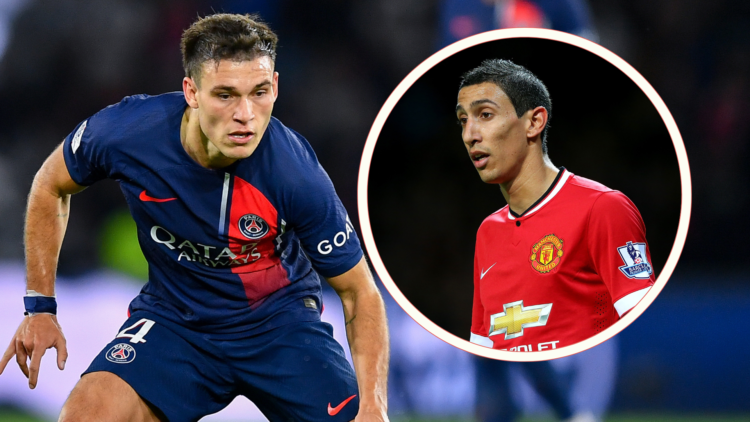 Manuel Ugarte playing for PSG / inset - Angel di Maria playing for Man Utd