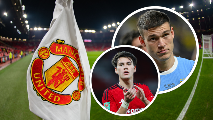 Main: Manchester United corner flag. Inset, Headshot of Manuel Ugarte, Inset two, Facundo Pellistri applauds