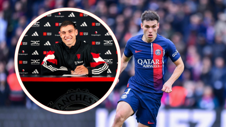 Manuel Ugarte playing for PSG. Inset - Ugarte signs Man Utd contract