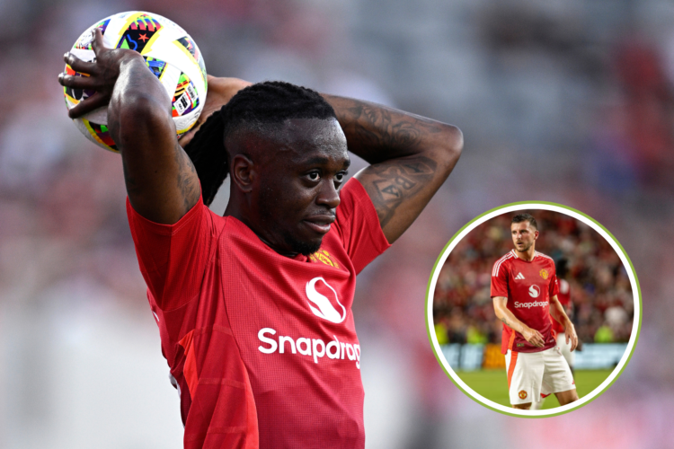 A picture of Aaron Wan-Bissaka taking a throw in for Mancheste United, Mason Mount performs against Liverpool