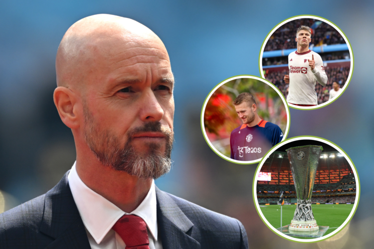 Erik ten Hag looks on, Rasmus Hojlund celebrates, Matthijs de Ligt in Man Utd training, Europa League trophy