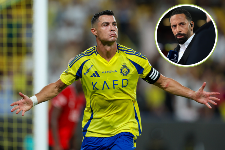 Cristiano Ronaldo of AL Nassr celebrates scoring a goal, Rio Ferdinand looks shocked as a pundit