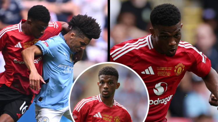 LONDON, ENGLAND - AUGUST 10: Amad Diallo of Manchester United is put under pressure by Jeremy Doku and Mateo Kovacic of Manchester City during the ...
