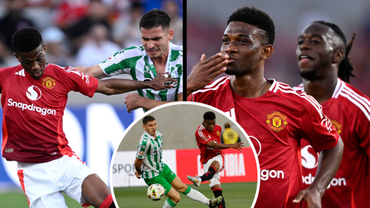 SAN DIEGO, CALIFORNIA - JULY 31: Amad Diallo #16 of Manchester United celebrates after scoring a goal against Real Betis during the first half at S...