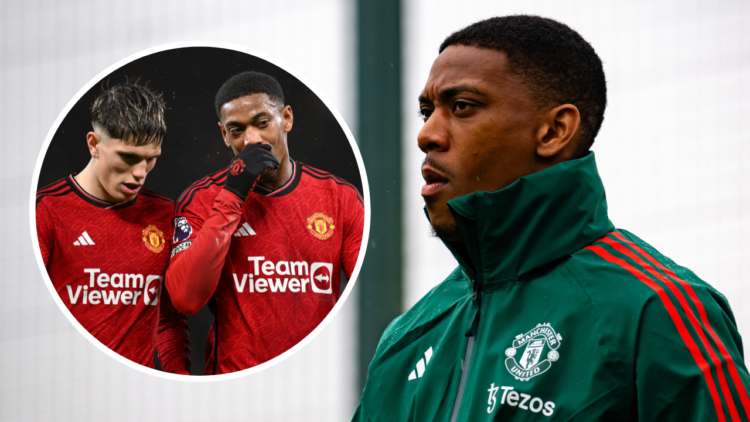 MANCHESTER, ENGLAND - MAY 22: Anthony Martial of Manchester United in action during a first team training session at Carrington Training Ground on ...