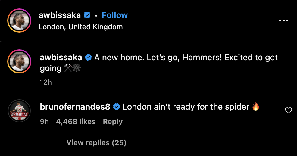 One of Bruno Fernandes’ two messages to former Manchester United star Aaron Wan-Bissaka. Credit: Instagram