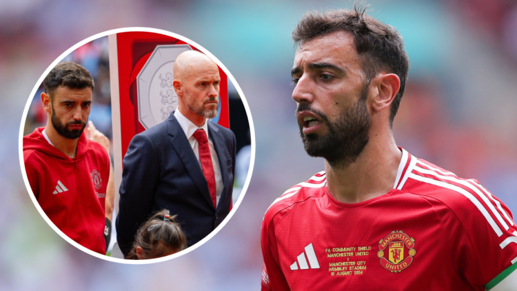 LONDON, ENGLAND - AUGUST 10: Bruno Fernandes of Manchester United during the 2024 FA Community Shield match between Manchester United and Mancheste...