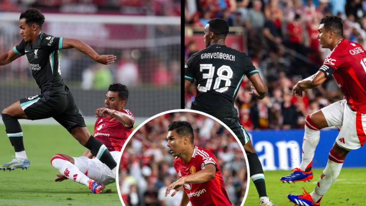 COLUMBIA, SOUTH CAROLINA - AUGUST 03: Casemiro of Manchester United in action with Ryan Gravenberch of Liverpool FC during a pre season friendly ma...