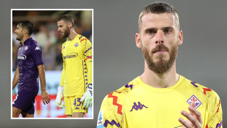 FLORENCE, ITALY - AUGUST 22: David de Gea of ACF Fiorentina goalkeeper reacts during the UEFA Europa Conference League Play-Off 1st leg match betwe...