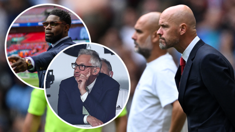 Manchester United's Dutch manager Erik ten Hag (R) and Manchester City's Spanish manager Pep Guardiola react during the English FA Community Shield...
