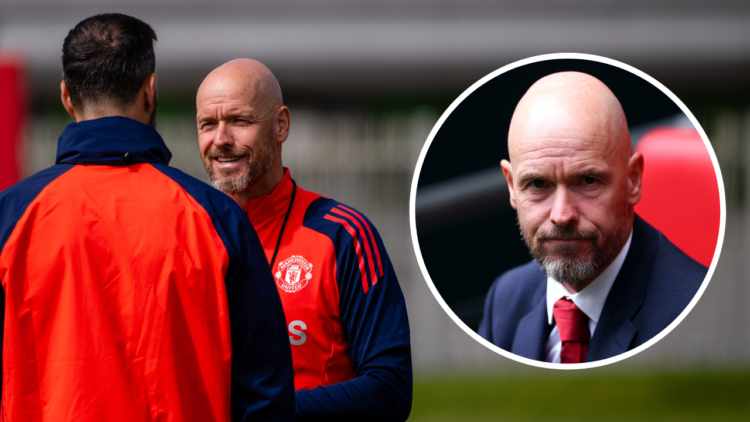 MANCHESTER, ENGLAND - AUGUST 14: (EXCLUSIVE COVERAGE) Manager Erik ten Hag of Manchester United in action during a first team training session at C...